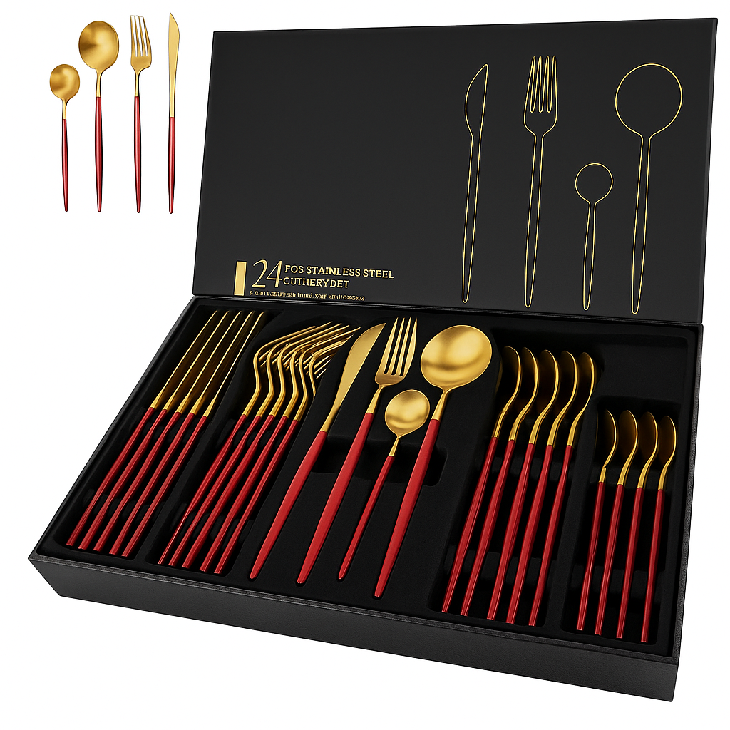 24 Pcs Red & Gold Stainless Steel Cutlery Set