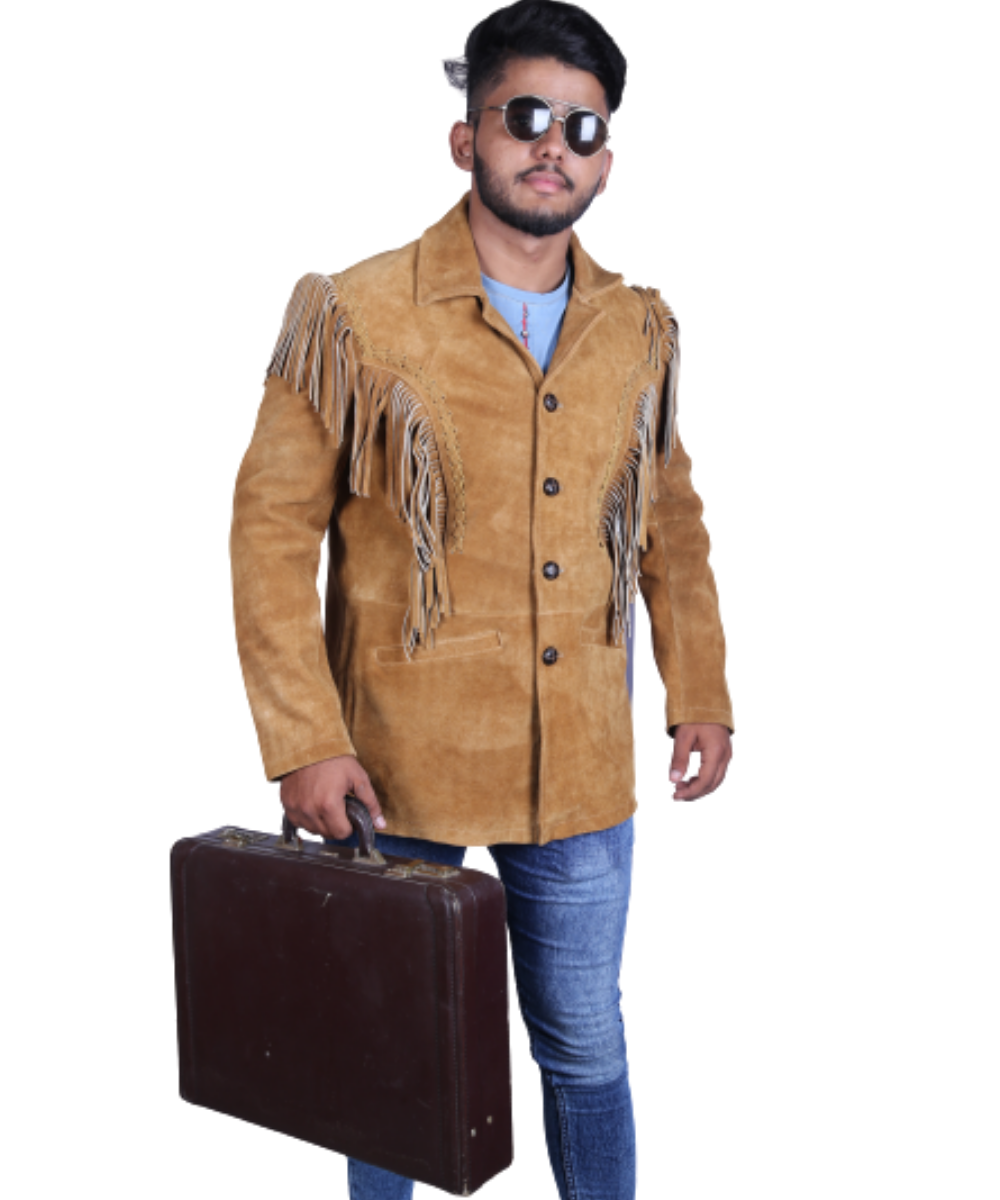 Handmade Genuine Cowhide Brown Suede Fringe Leather Jacket Men