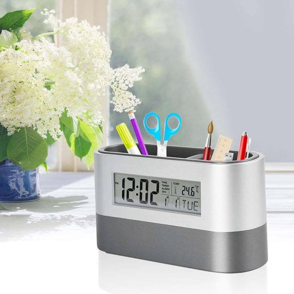 Oval Desk Stand With Calendar Temperature Pen Holder Clock