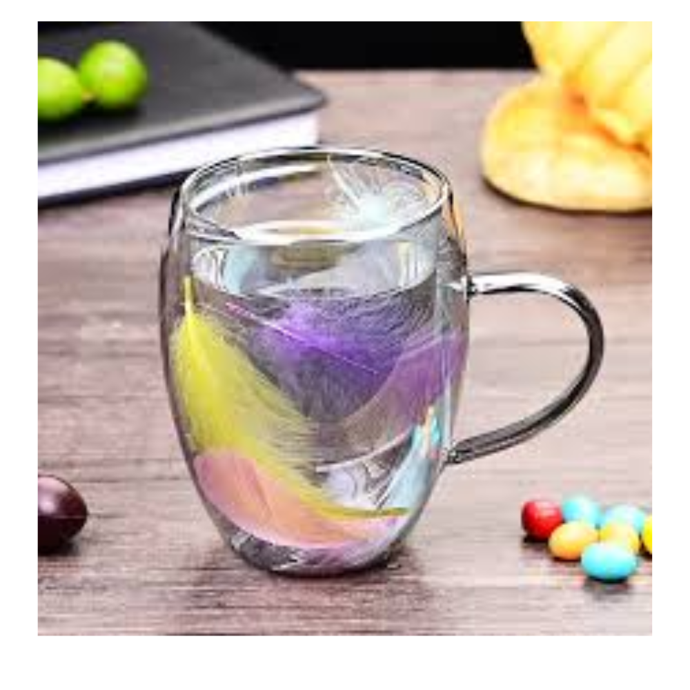 Colorful Feathered Glass Mug for a Unique Drinkware Experience - 350ml