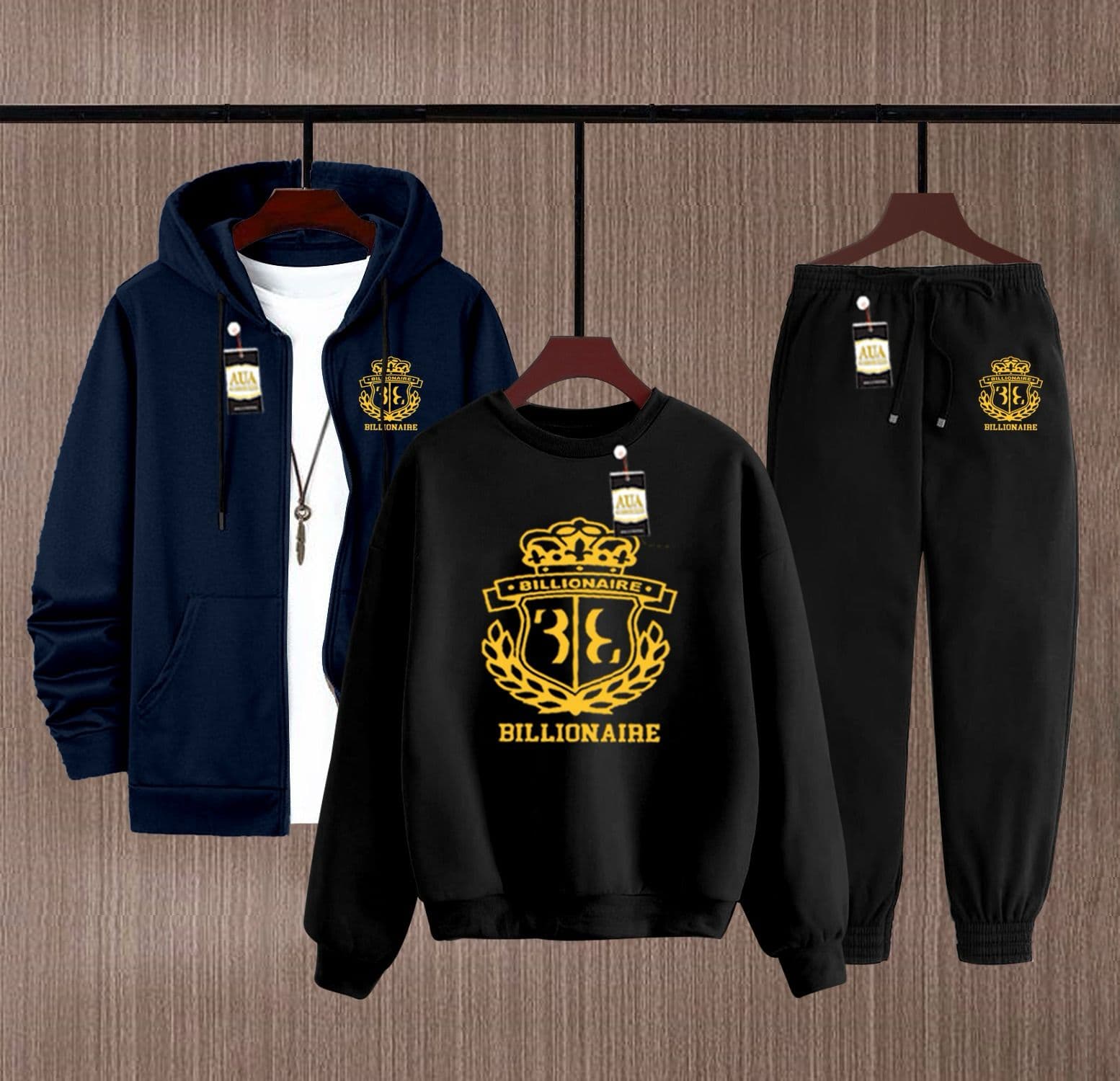 Men's Fleece Winter Collection Zipper Hoodi & Sweatshirt & Trouser Set