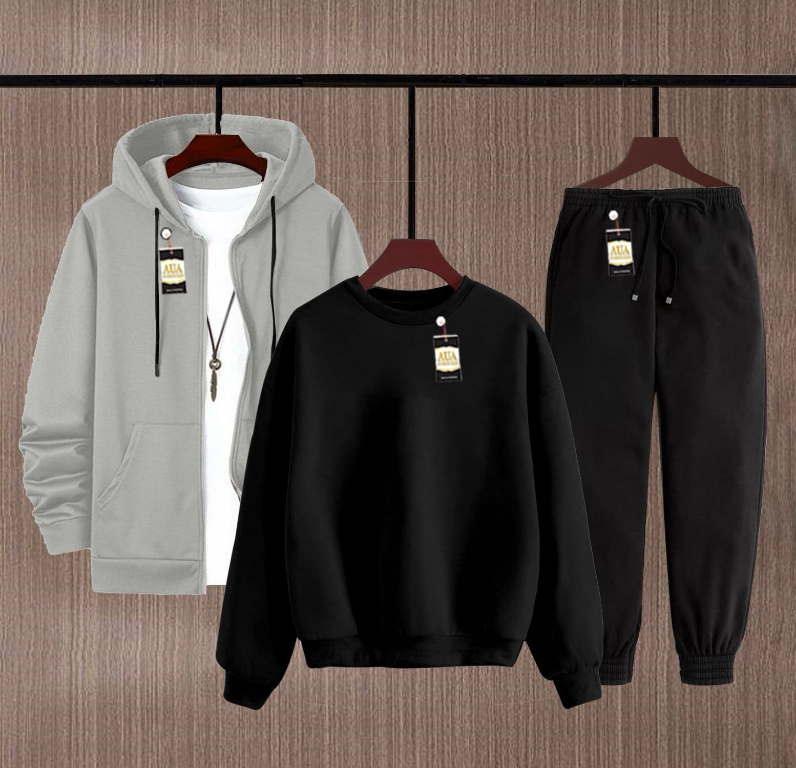 Men's Fleece Winter Collection Zipper Hoodi & Sweatshirt & Trouser Set