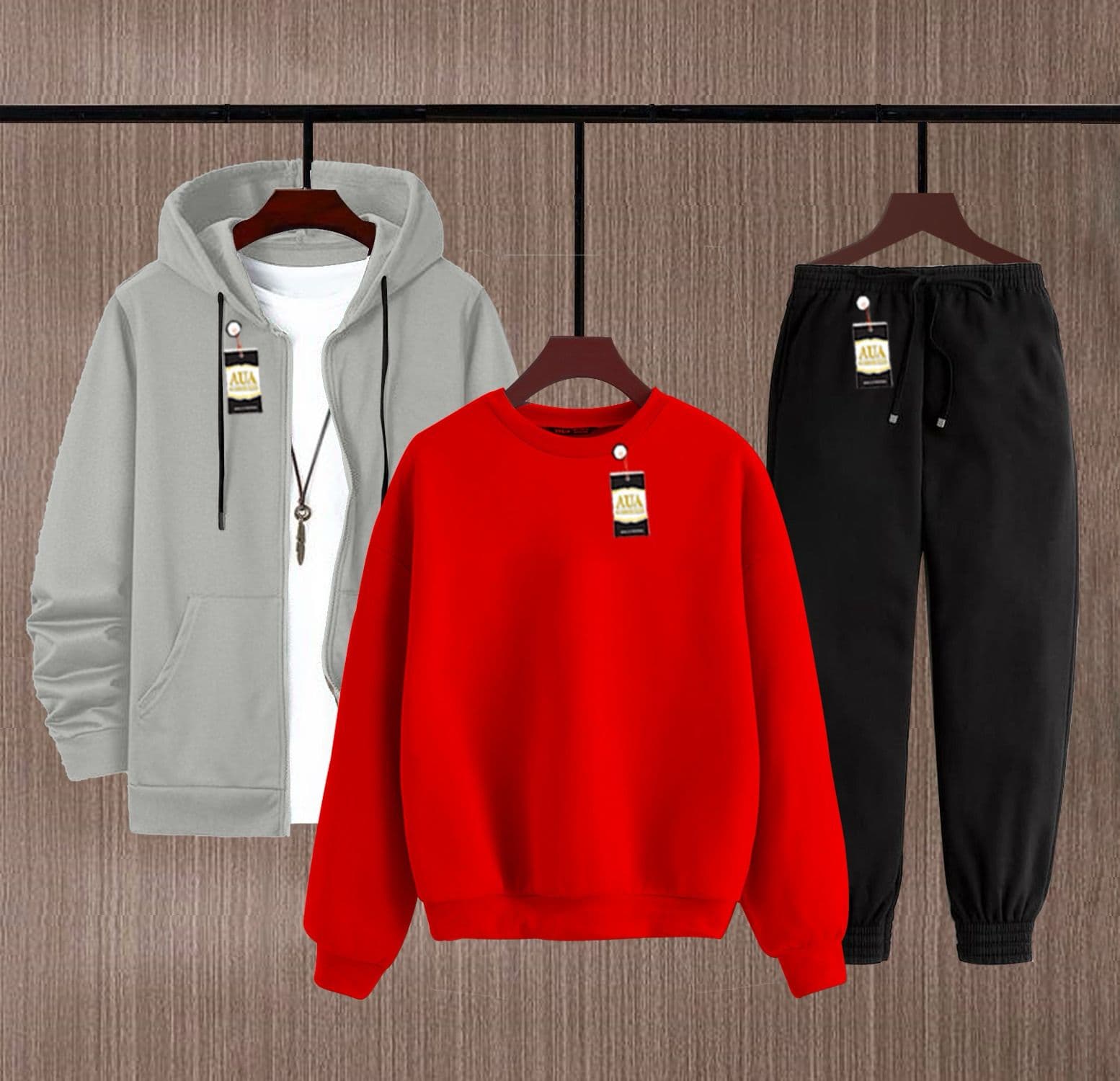 Men's Fleece Winter Collection Zipper Hoodi & Sweatshirt & Trouser Set