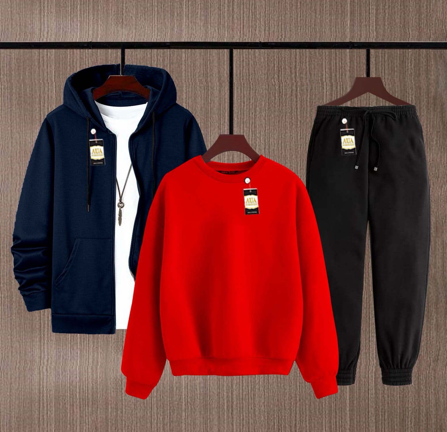 Men's Fleece Winter Collection Zipper Hoodi & Sweatshirt & Trouser Set