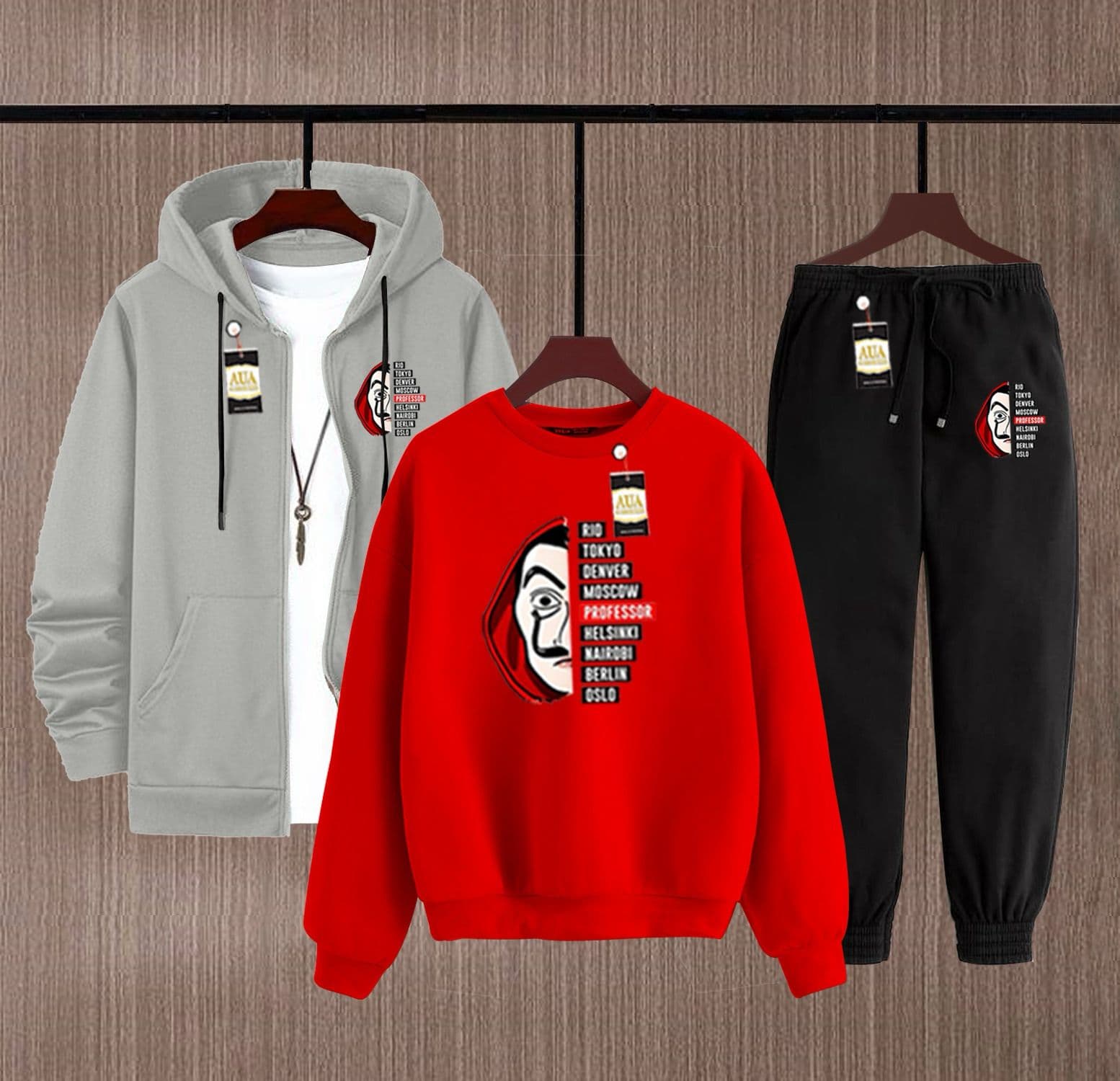 Men's Fleece Winter Collection Zipper Hoodi & Sweatshirt & Trouser Set