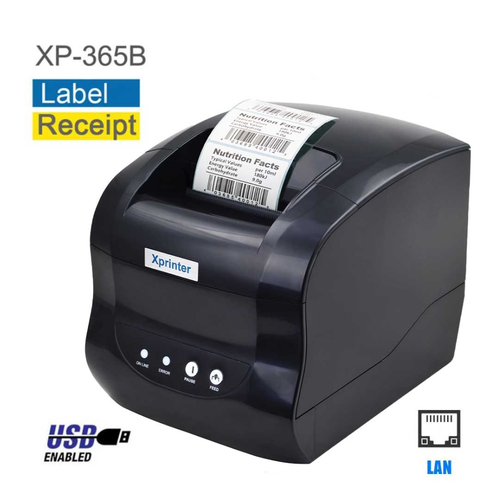 X Printer XP-365B 3" Thermal Receipt & Label Printer USB+LAN, 127mm/s, Black