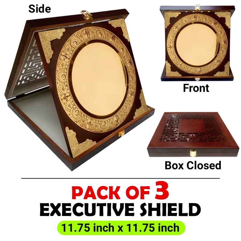 Pack of 3 - Executive Custom Award Metal Plate in Wood Box Trophy / Folding Gold Shields