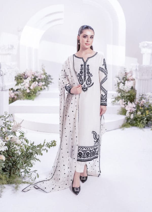 Graceful White Embroidered Cotton 3-Piece Set